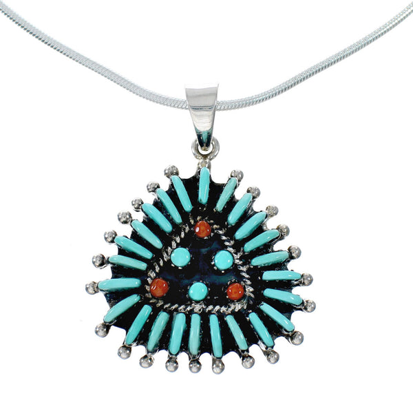Southwest Silver Italian Snake Chain Necklace Needlepoint Turquoise Coral Pendant Set SX10450