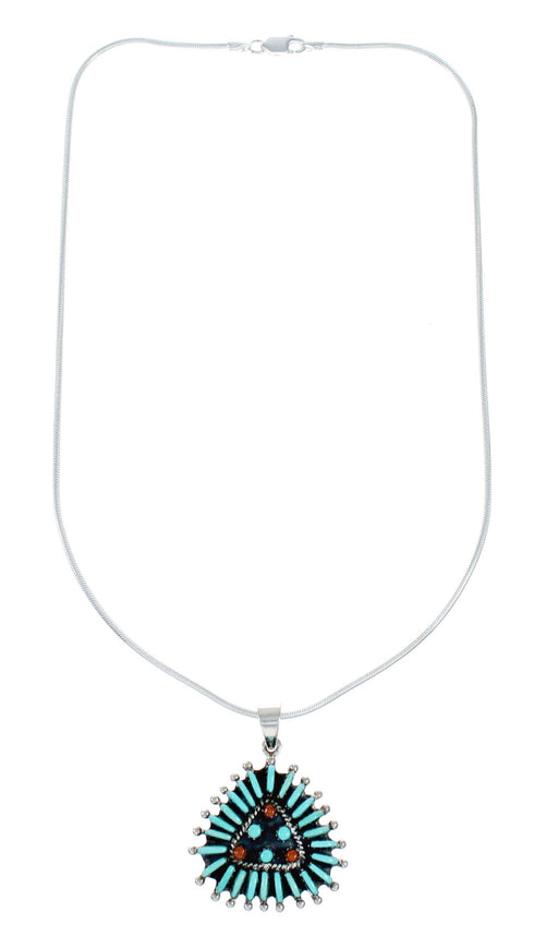 Southwest Silver Italian Snake Chain Necklace Needlepoint Turquoise Coral Pendant Set SX10450