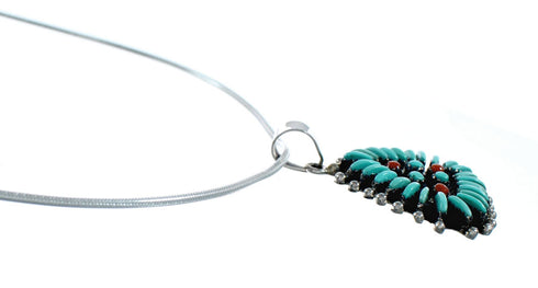 Southwest Silver Italian Snake Chain Necklace Needlepoint Turquoise Coral Pendant Set SX10450