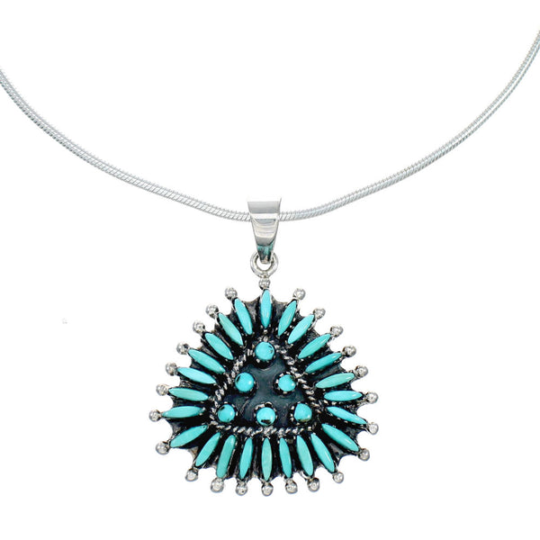 Southwest Silver Italian Snake Chain Necklace Needlepoint Turquoise Pendant Set SX10443