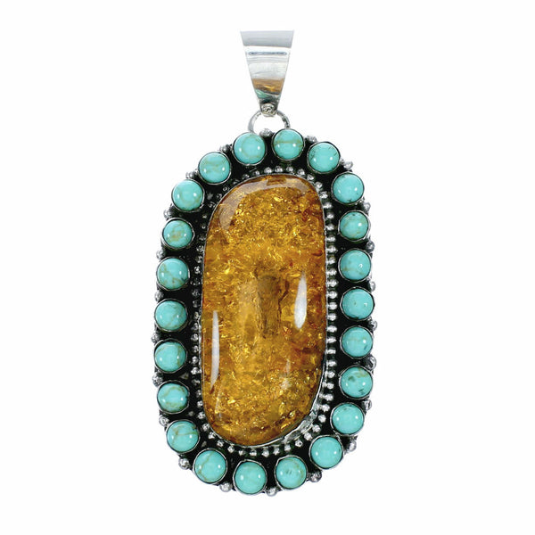 Genuine Navajo Sterling Silver Turquoise Amber Pendant SX10465