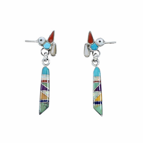 Southwest Multicolor Sterling Silver Post Dangle Bird Earrings SX10507