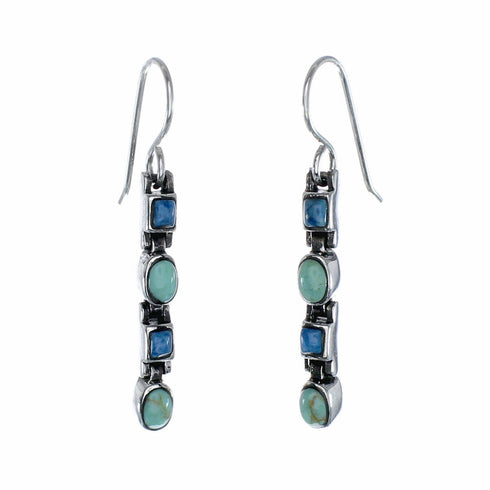 Sterling Silver Turquoise And Denim Lapis American Indian Hook Dangle Earrings SX10504