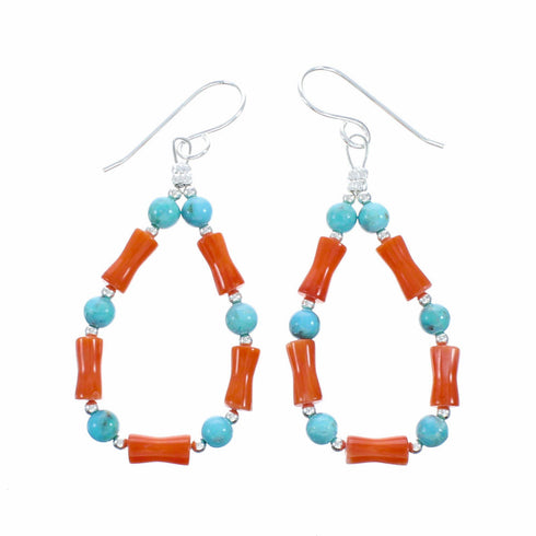 Sterling Silver Coral And Turquoise Navajo Bead Hook Dangle Earrings SX10505