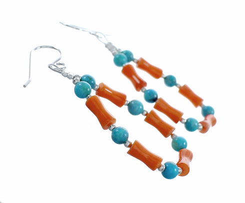 Sterling Silver Coral And Turquoise Navajo Bead Hook Dangle Earrings SX10505