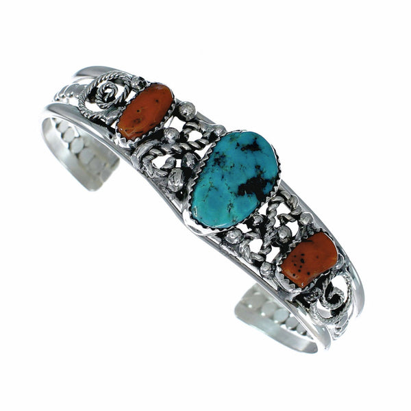 Turquoise And Coral Sterling Silver Navajo Cuff Bracelet SX10470