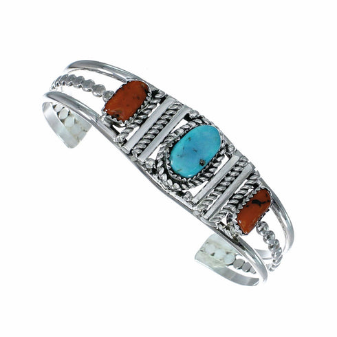 Navajo Turquoise And Coral Sterling Silver Cuff Bracelet SX10471