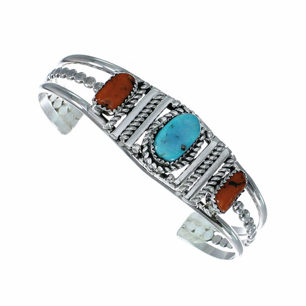 Navajo Turquoise And Coral Sterling Silver Cuff Bracelet SX10471