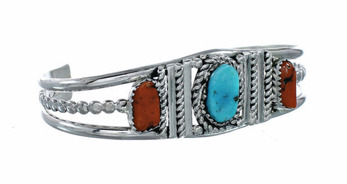 Navajo Turquoise And Coral Sterling Silver Cuff Bracelet SX10471