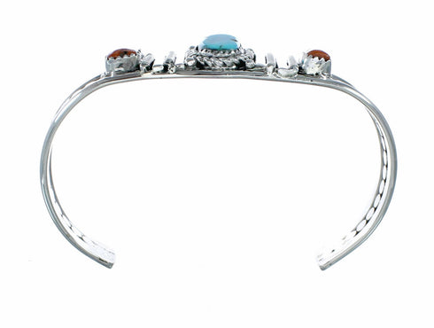 Navajo Turquoise And Coral Sterling Silver Cuff Bracelet SX10471