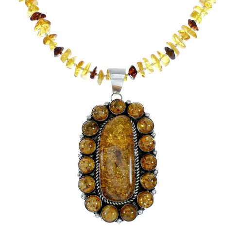 Native American Amber Bead Sterling Silver Necklace Pendant Set SX10475