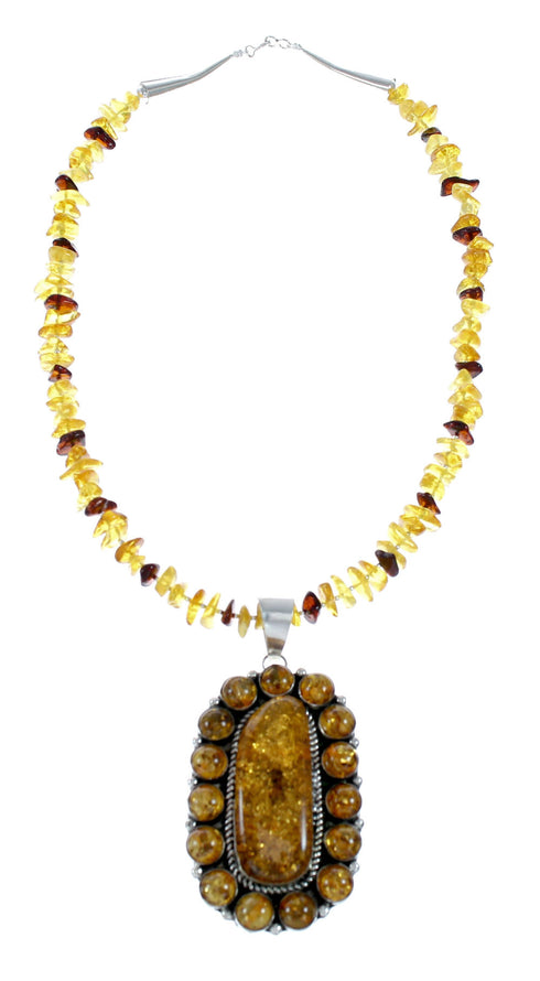Native American Amber Bead Sterling Silver Necklace Pendant Set SX10475