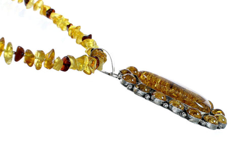 Native American Amber Bead Sterling Silver Necklace Pendant Set SX10475