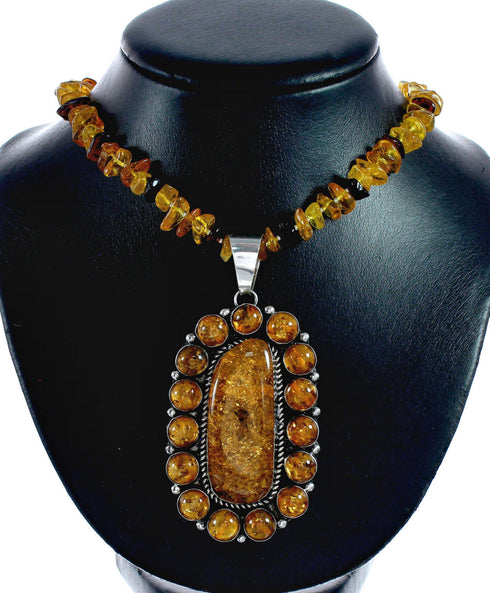 Native American Amber Bead Sterling Silver Necklace Pendant Set SX10475