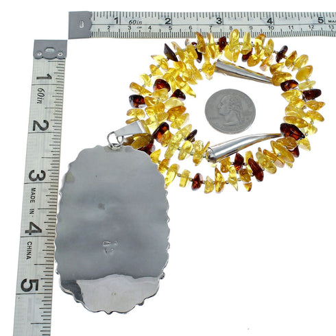 Native American Amber Bead Sterling Silver Necklace Pendant Set SX10475