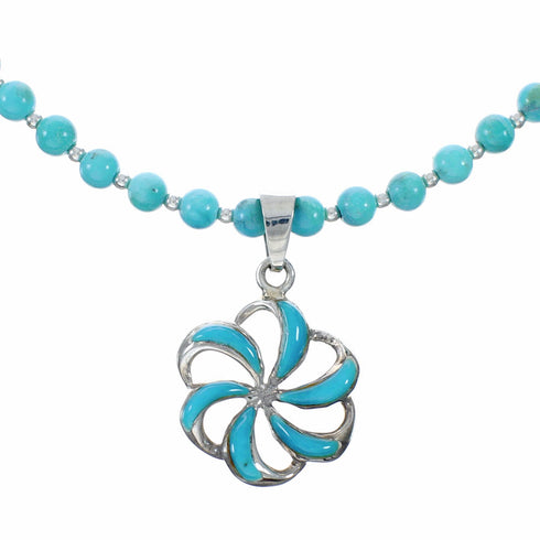 Navajo Turquoise Flower Inlay Pendant Sterling Silver Necklace Set SX10478