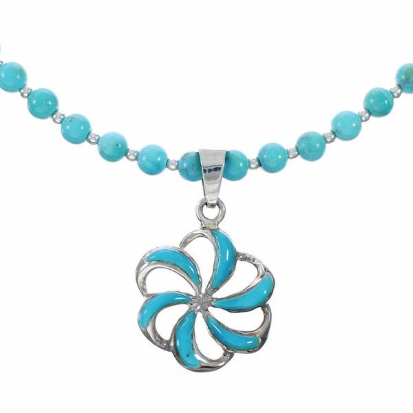 Navajo Turquoise Flower Inlay Pendant Sterling Silver Necklace Set SX10478