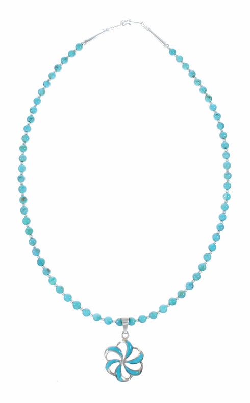 Navajo Turquoise Flower Inlay Pendant Sterling Silver Necklace Set SX10478