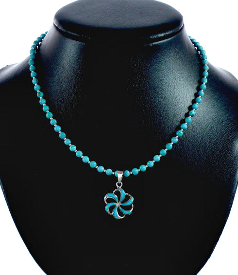 Navajo Turquoise Flower Inlay Pendant Sterling Silver Necklace Set SX10478