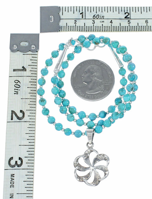 Navajo Turquoise Flower Inlay Pendant Sterling Silver Necklace Set SX10478