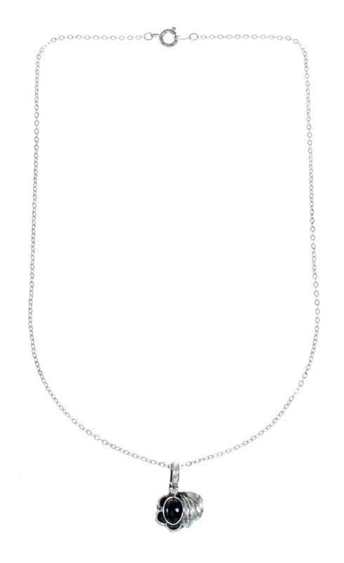Navajo Onyx Sterling Silver Leaf Flower Link Chain Necklace SX10502
