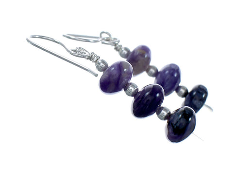 Genuine Sterling Silver Amethyst Bead Hook Dangle Earrings SX10522