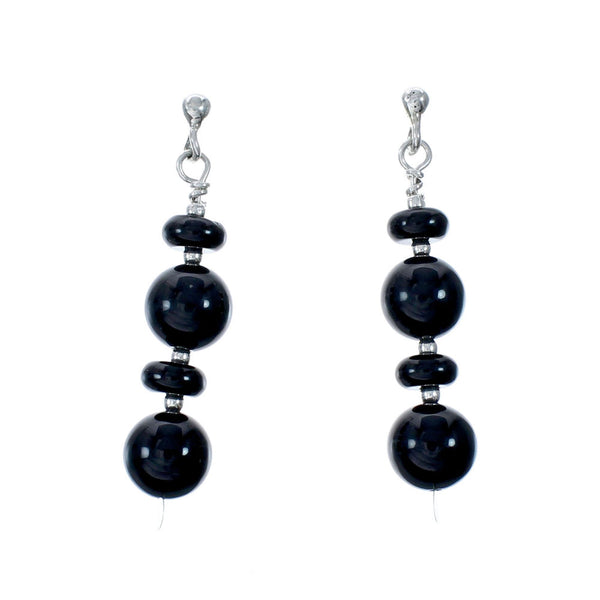 Sterling Silver Navajo Onyx Bead Post Dangle Earrings SX10528