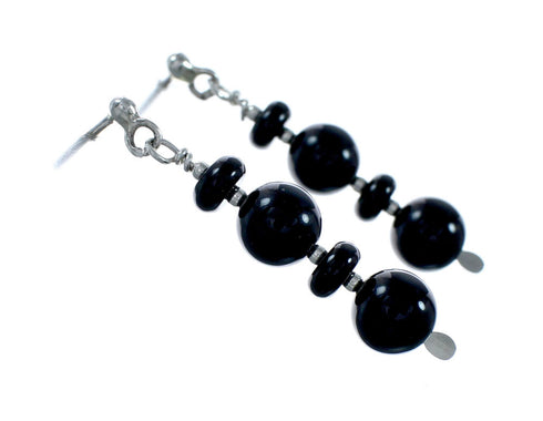 Sterling Silver Navajo Onyx Bead Post Dangle Earrings SX10528