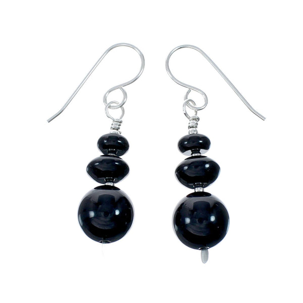Sterling Silver Navajo Onyx Bead Hook Dangle Earrings SX10526