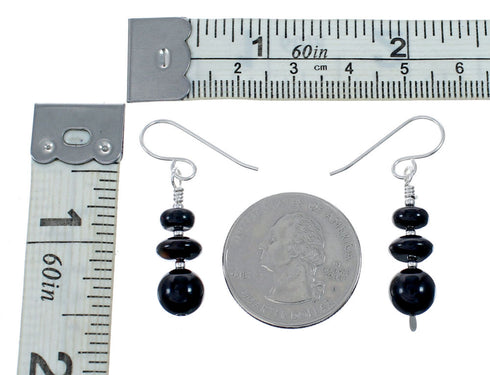 Sterling Silver Navajo Onyx Bead Hook Dangle Earrings SX10527