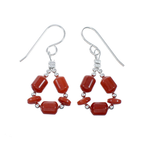 Sterling Silver Navajo Coral Bead Hook Dangle Earrings SX10530