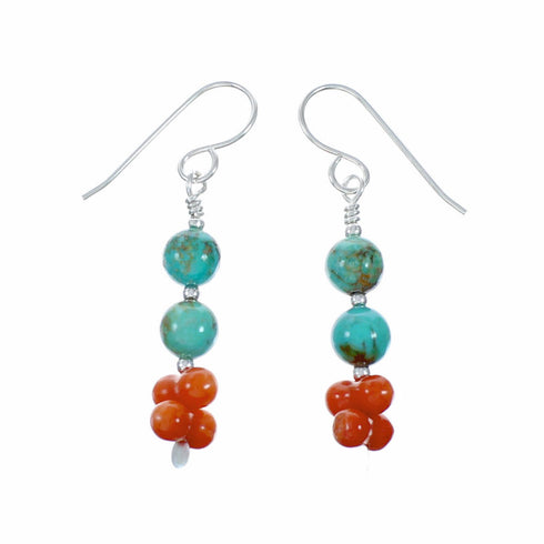 Turquoise And Coral Authentic Sterling Silver Navajo Bead Hook Dangle Earrings SX10529