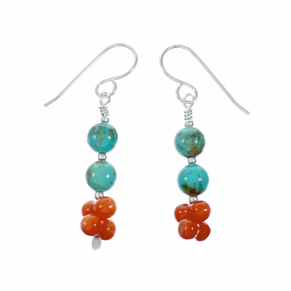 Turquoise And Coral Authentic Sterling Silver Navajo Bead Hook Dangle Earrings SX10529