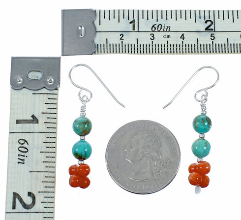 Turquoise And Coral Authentic Sterling Silver Navajo Bead Hook Dangle Earrings SX10529