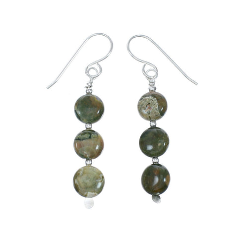 Native American Unakite Sterling Silver Bead Hook Dangle Earrings SX10556