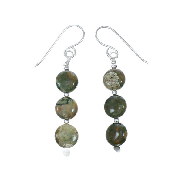 Native American Unakite Sterling Silver Bead Hook Dangle Earrings SX10556