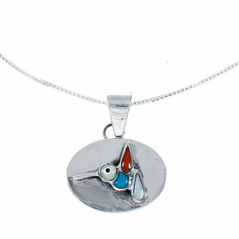 Navajo Sterling Silver Multicolor Hummingbird Pendant Italian Box Chain Necklace Set SX10551