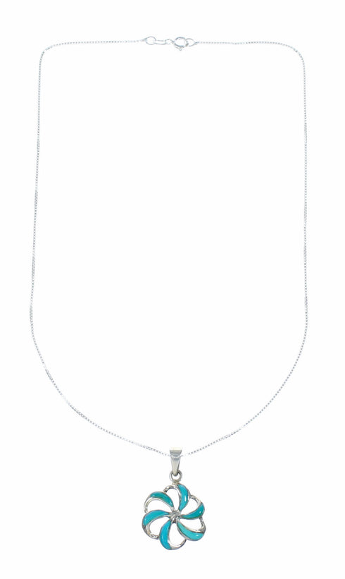 Southwest Turquoise Flower Inlay Sterling Silver Box Chain Necklace Set SX10546