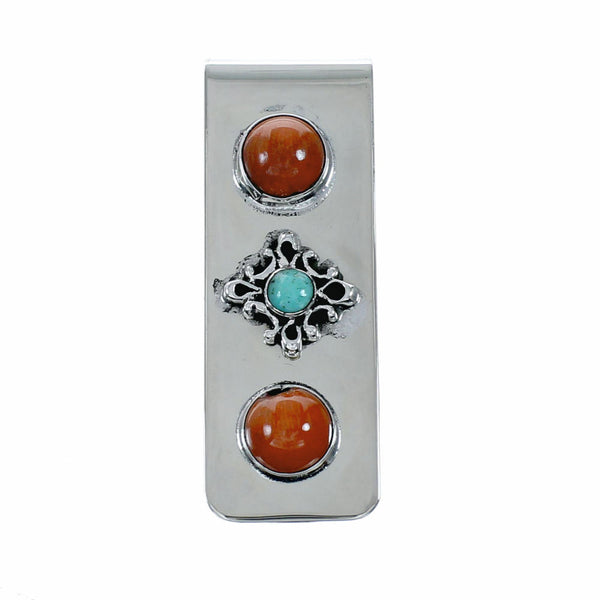 Native American Turquoise Coral Sterling Silver Navajo Money Clip SX10573
