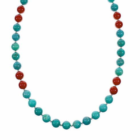 Turquoise Coral Sterling Silver Native American Bead Necklace SX10567