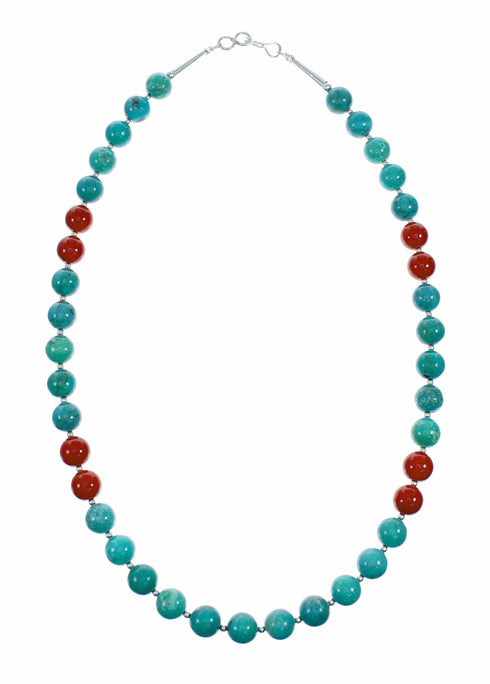Turquoise Coral Sterling Silver Native American Bead Necklace SX10567