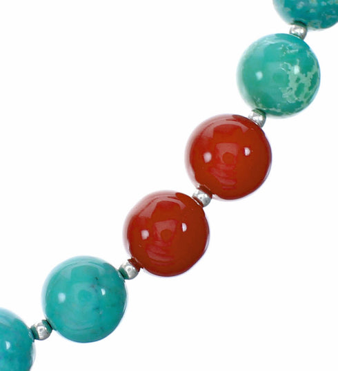 Turquoise Coral Sterling Silver Native American Bead Necklace SX10567