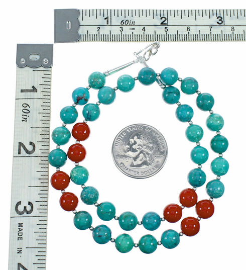 Turquoise Coral Sterling Silver Native American Bead Necklace SX10567
