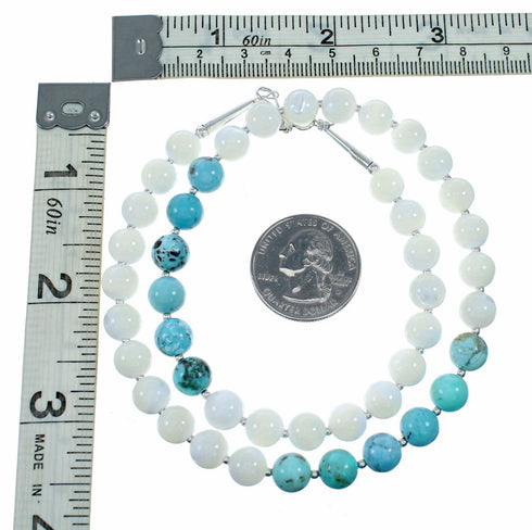 Turquoise Mother of Pearl Sterling Silver Native American Bead Necklace SX10566