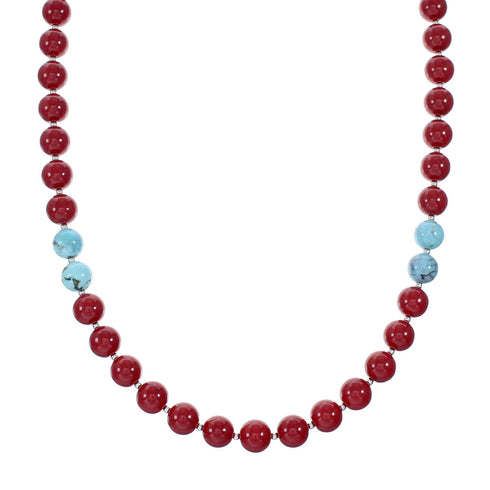 Coral Turquoise Sterling Silver Native American Bead Necklace SX10563