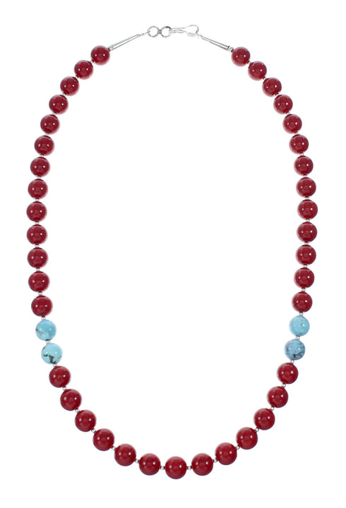 Coral Turquoise Sterling Silver Native American Bead Necklace SX10563