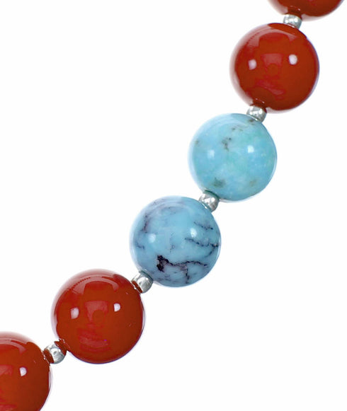 Coral Turquoise Sterling Silver Native American Bead Necklace SX10563