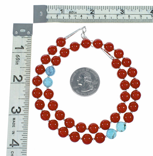 Coral Turquoise Sterling Silver Native American Bead Necklace SX10563