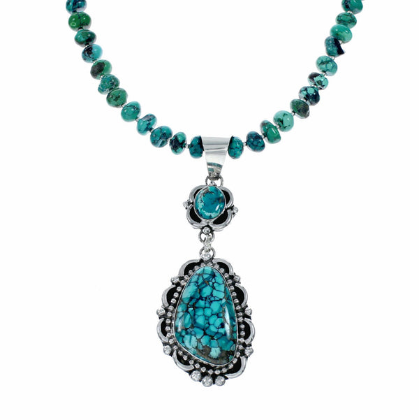 Unique Navajo Turquoise Sterling Silver Necklace Pendant Set SX10570