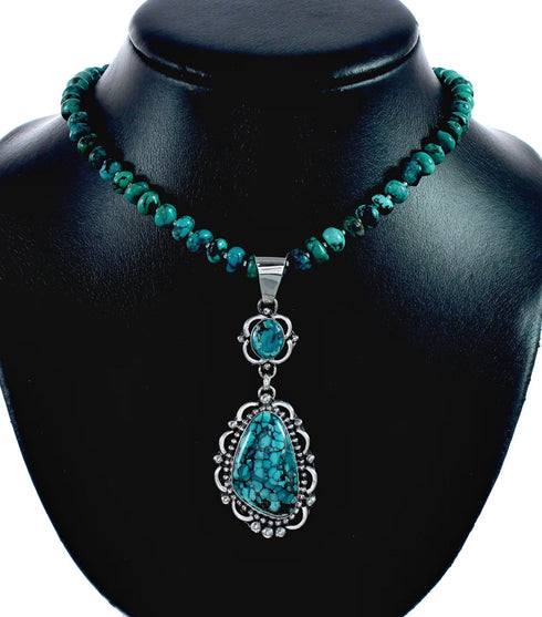Unique Navajo Turquoise Sterling Silver Necklace Pendant Set SX10570